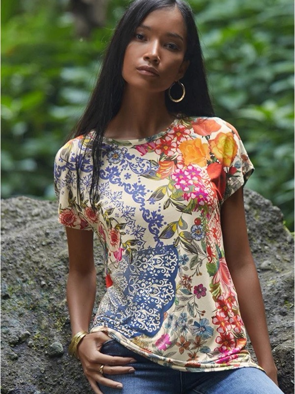 Johnny Was Cream Multicolor Floral Patchwork Short Sleeve Tee